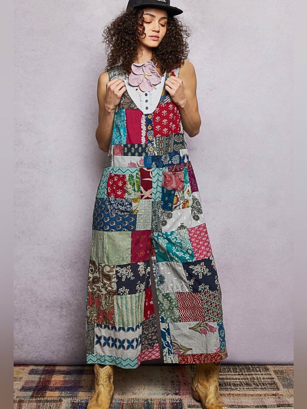 1-0509 POL Patchwork Cotton Loose Fit Light Weight Jumpsuit Overalls - Picture 2 of 8